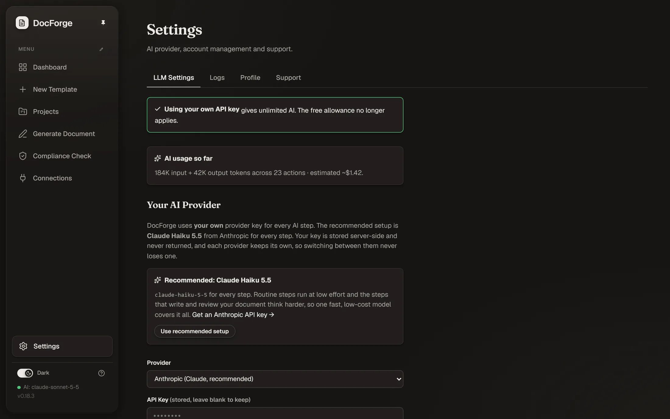 AI provider settings with a server-side stored key