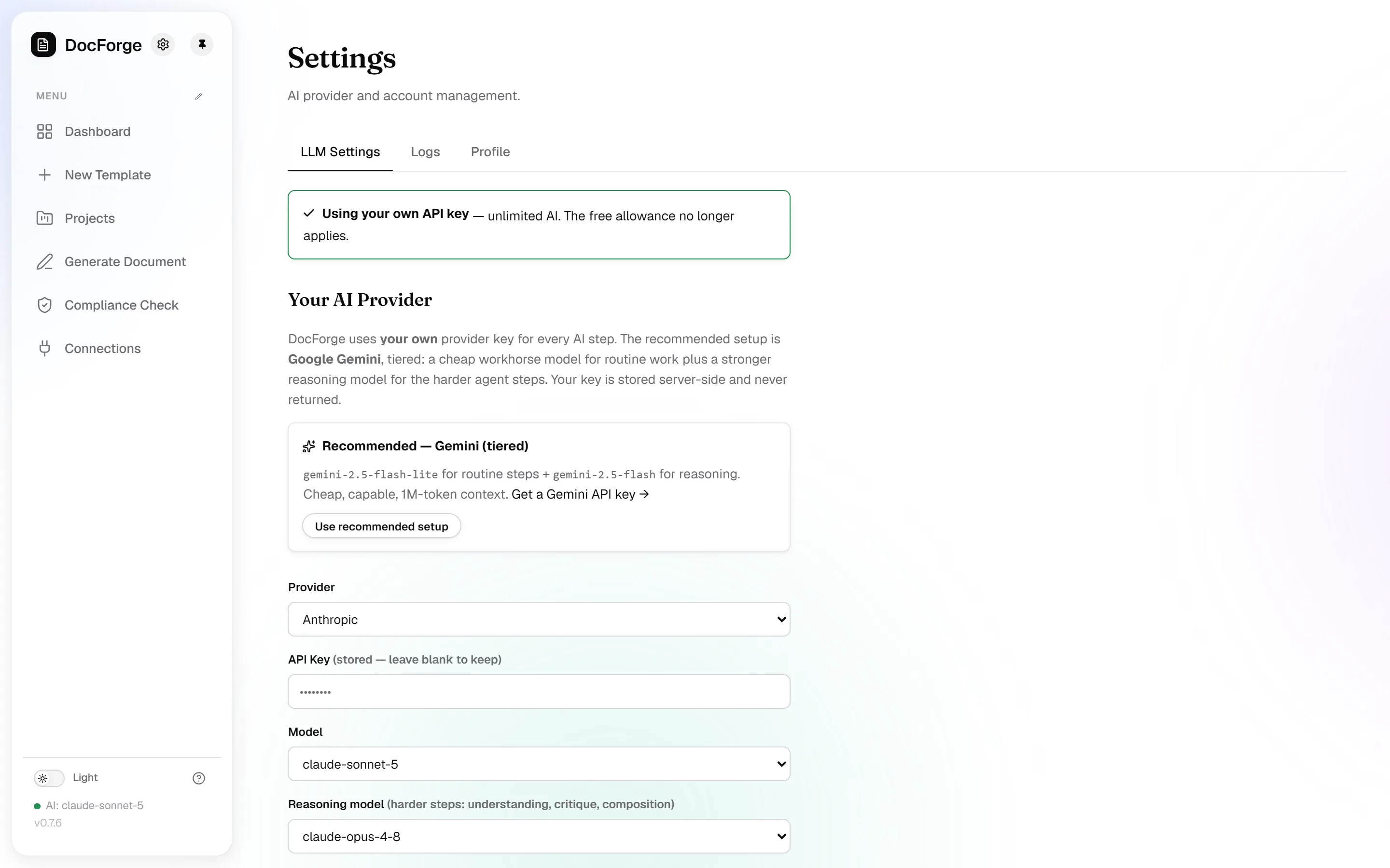 AI provider settings with a server-side stored key