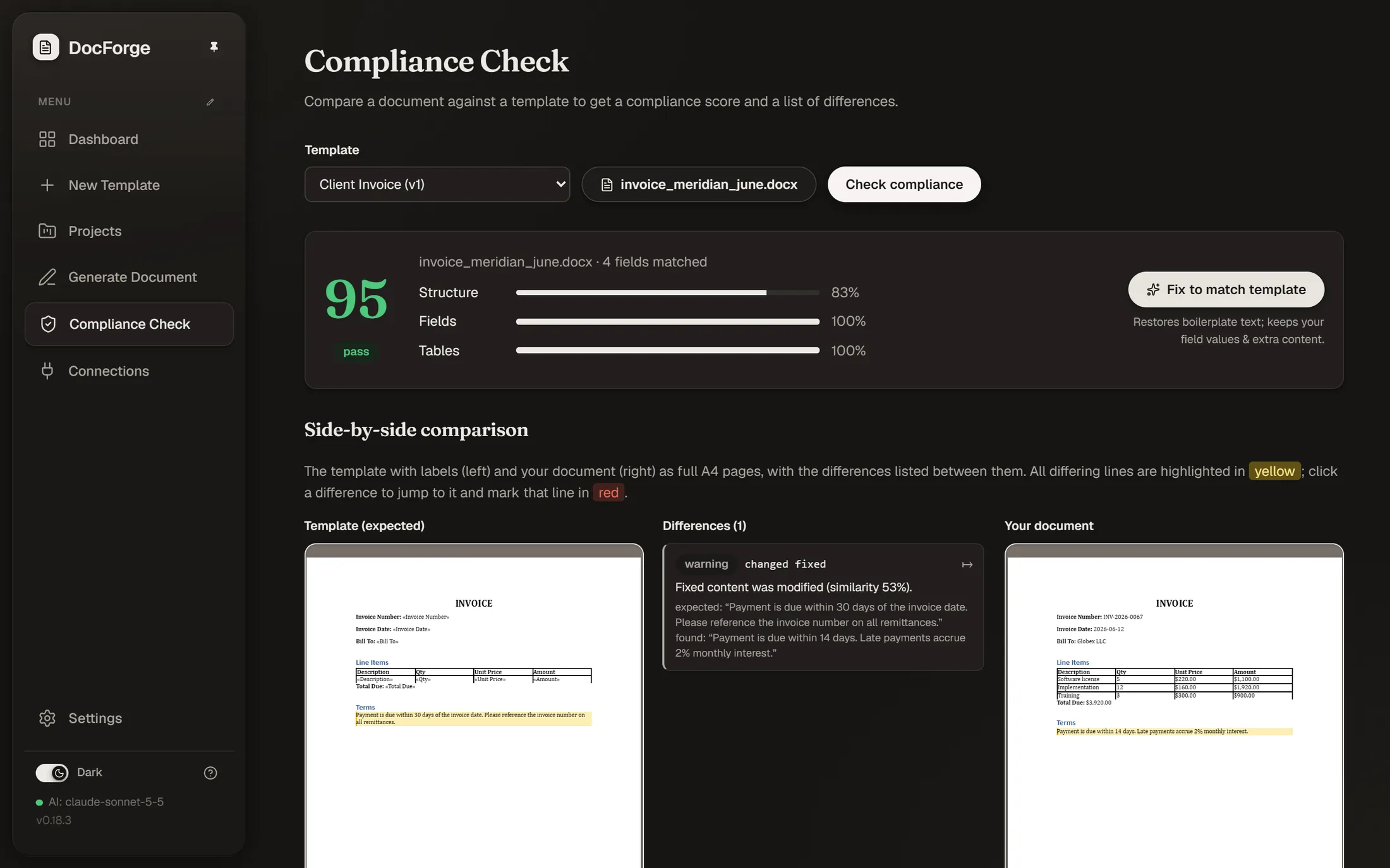 A compliance report with score and highlighted differences