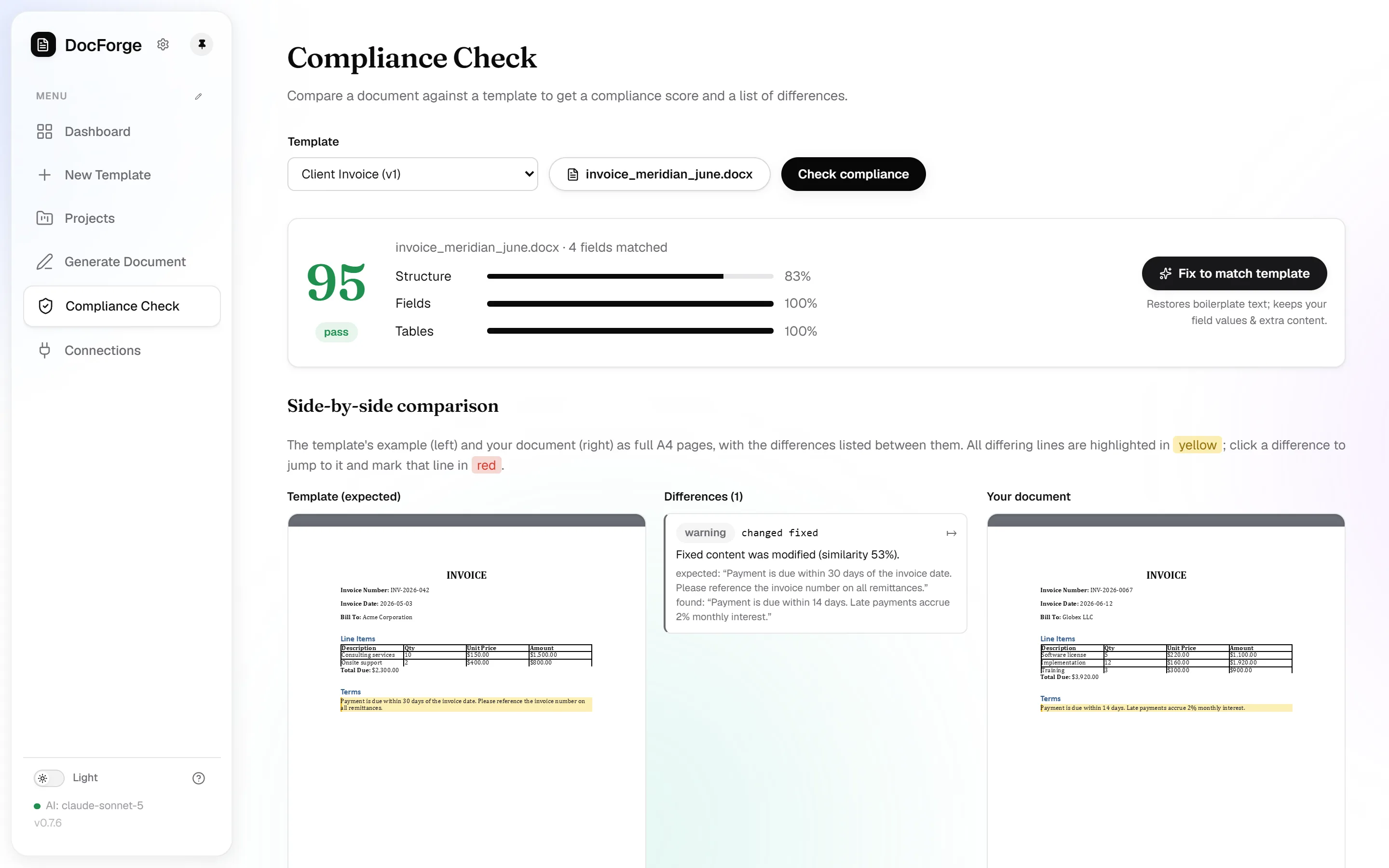 A compliance report with score and highlighted differences