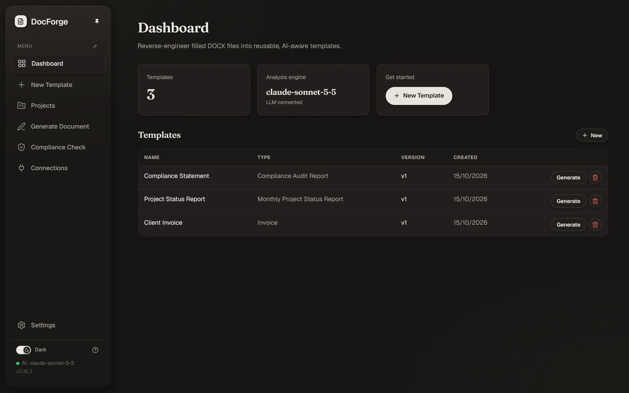 The DocForge dashboard with templates and projects