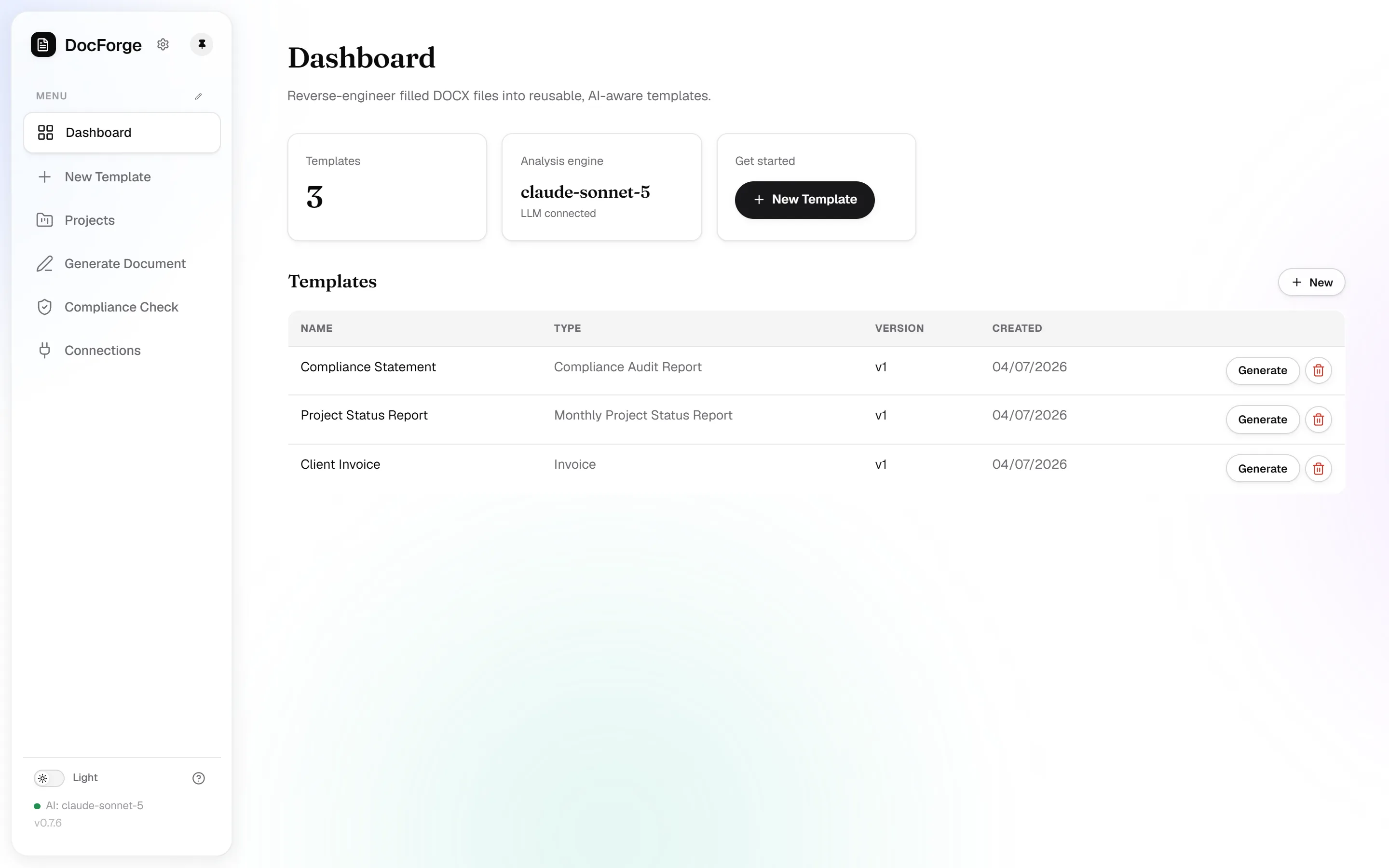 The DocForge dashboard with templates and projects