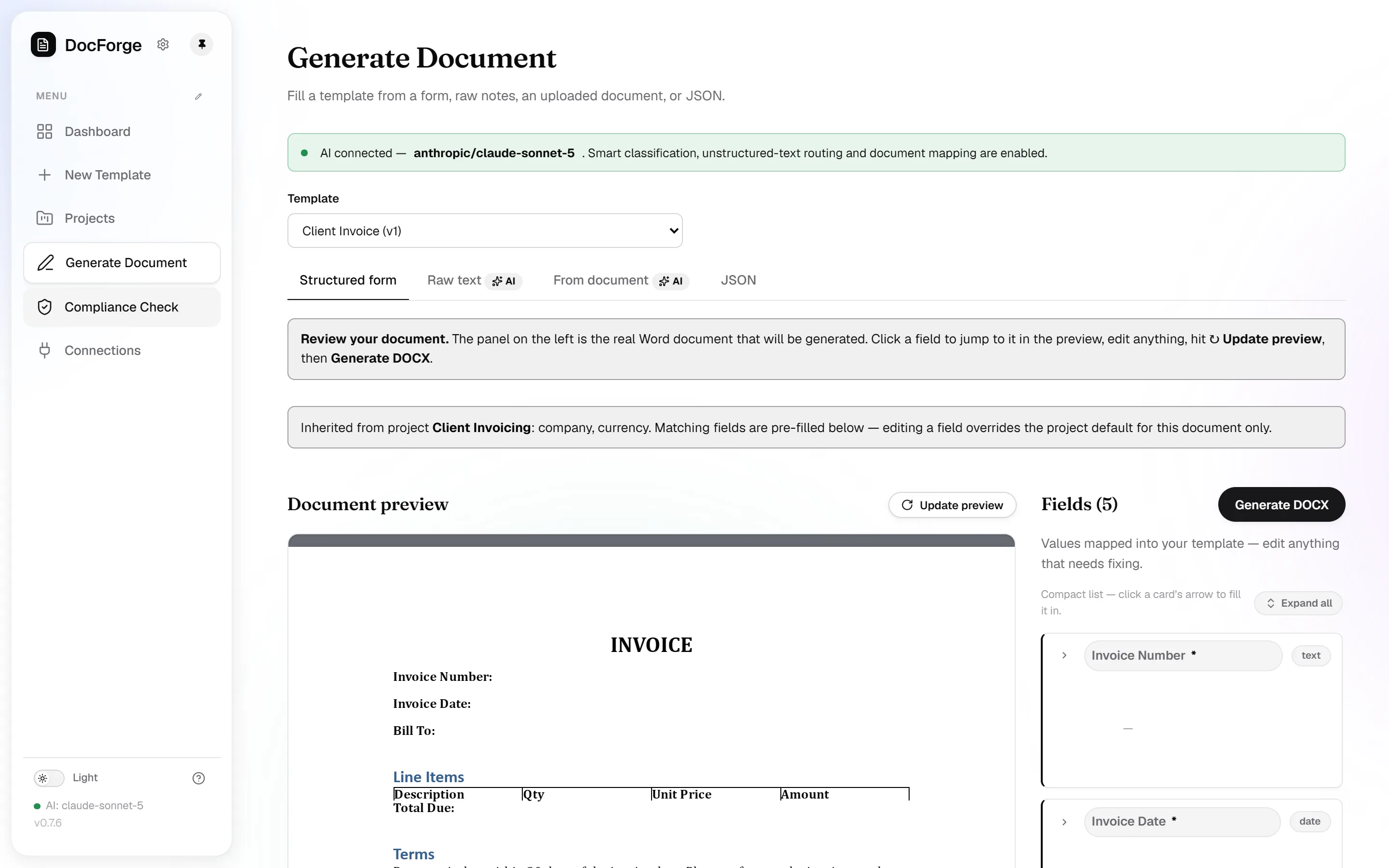 Generating a document from the structured form