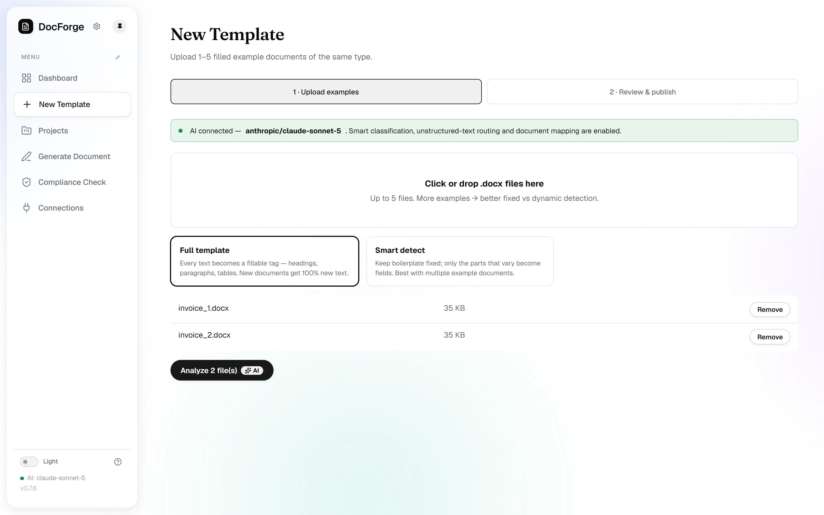 The upload step with example files and the two template modes