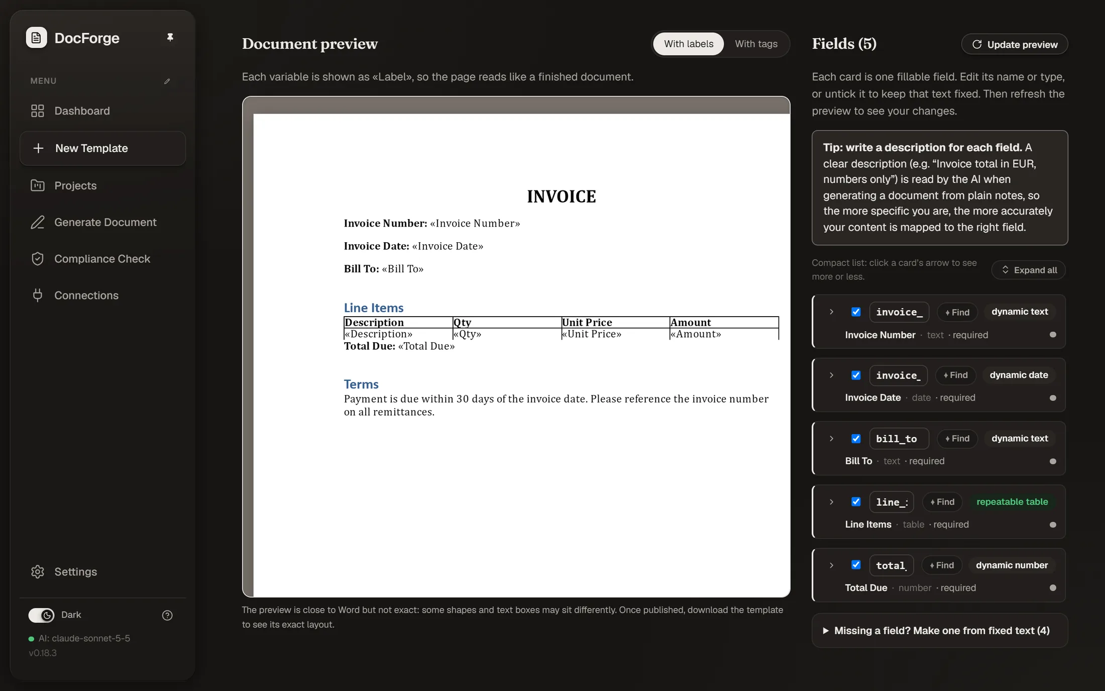 Detected fields next to a live Word preview