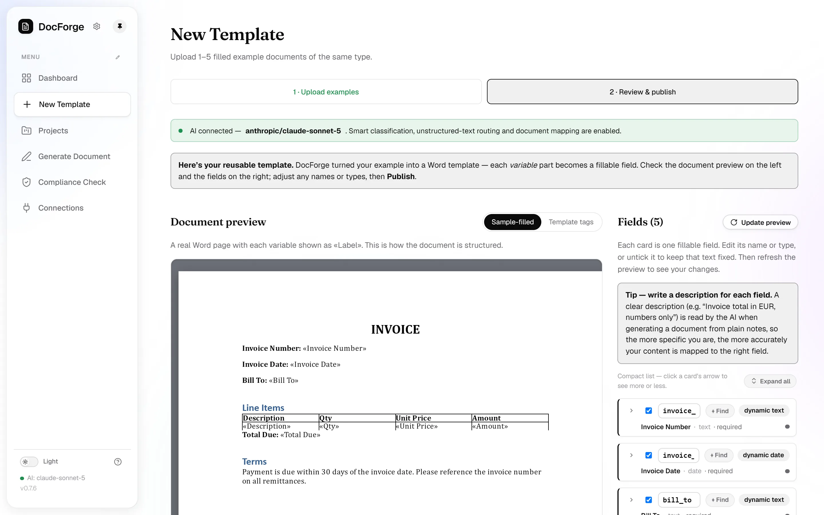 Detected fields next to a live Word preview